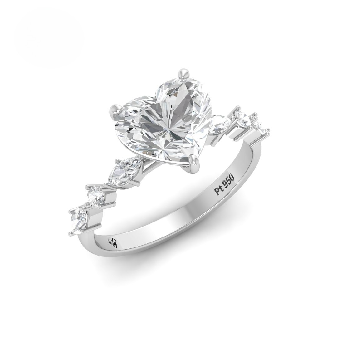 Elizabeth Heart Cut Diamond Engagement Ring With A Marquise and Round Cut Diamond Band