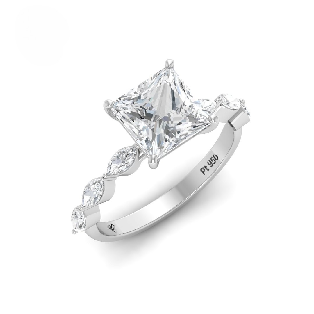 Kasandra Princess Cut Diamond Engagement Ring With A Marquise Cut and Diamond Band