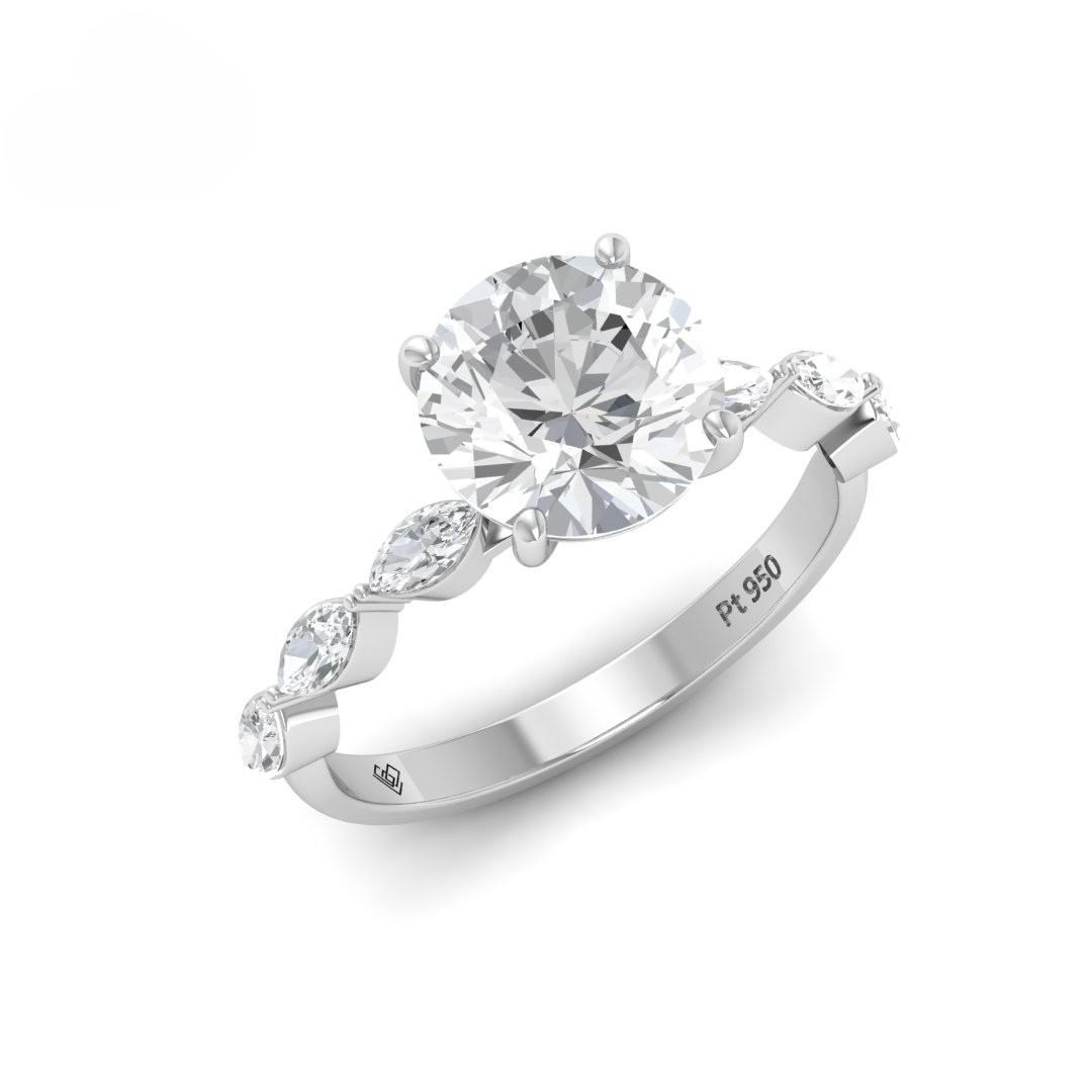 Kasandra Round Brilliant Cut Diamond Engagement Ring With A Marquise Cut Diamond Band