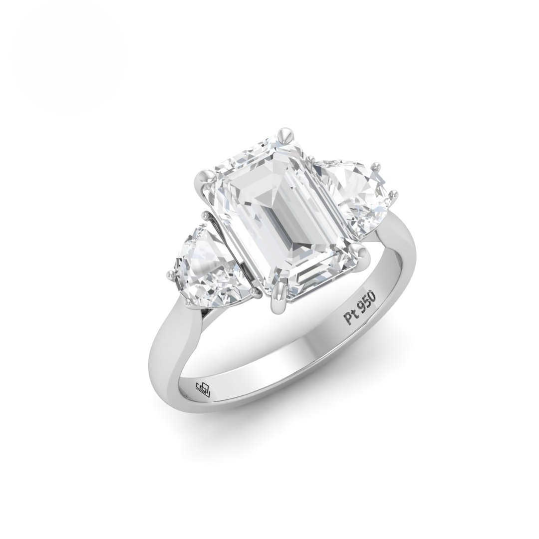 Kamala Emerald Cut Diamond Engagement Ring with Half Moon Cut Sides Diamonds
