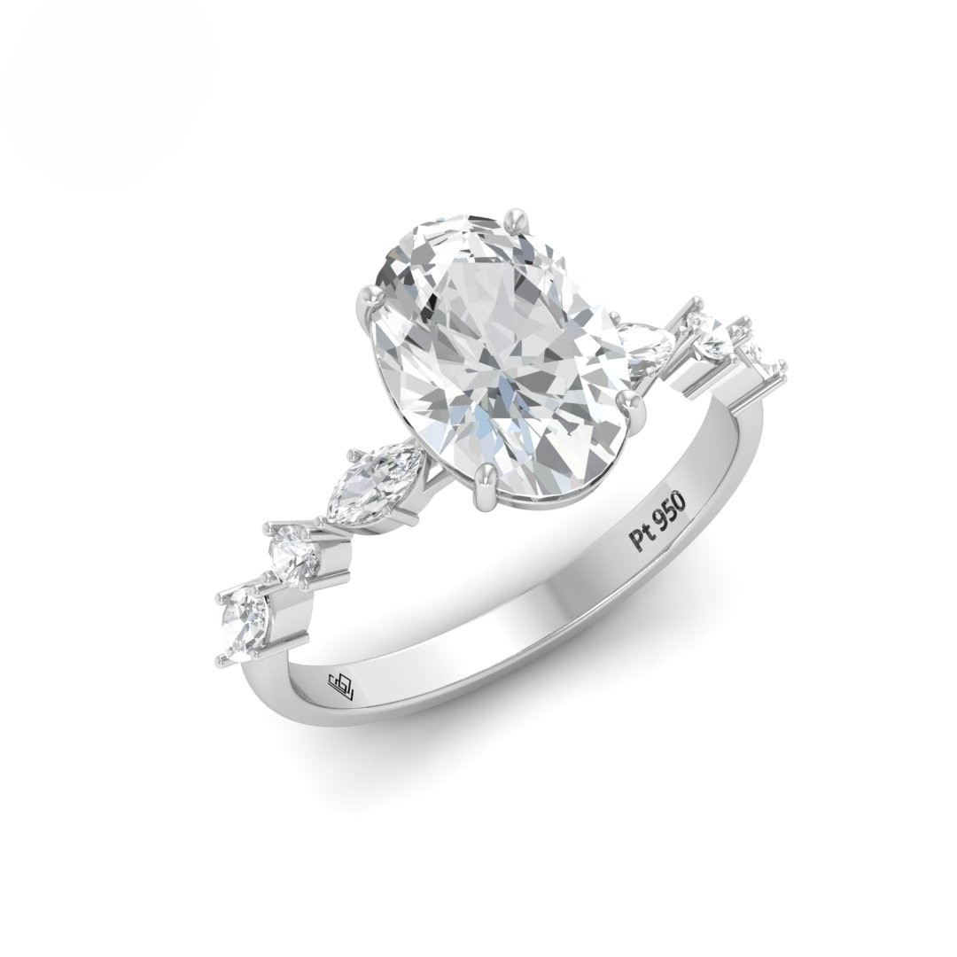 Elizabeth Oval Cut Diamond Engagement Ring With A Marquise And Round Cut Diamond Band.