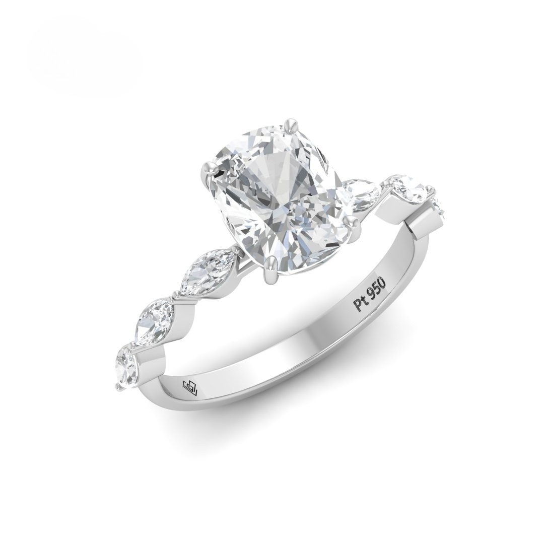 Kasandra Cushion Cut Diamond Engagement Ring With A Marquise Cut Diamond Band