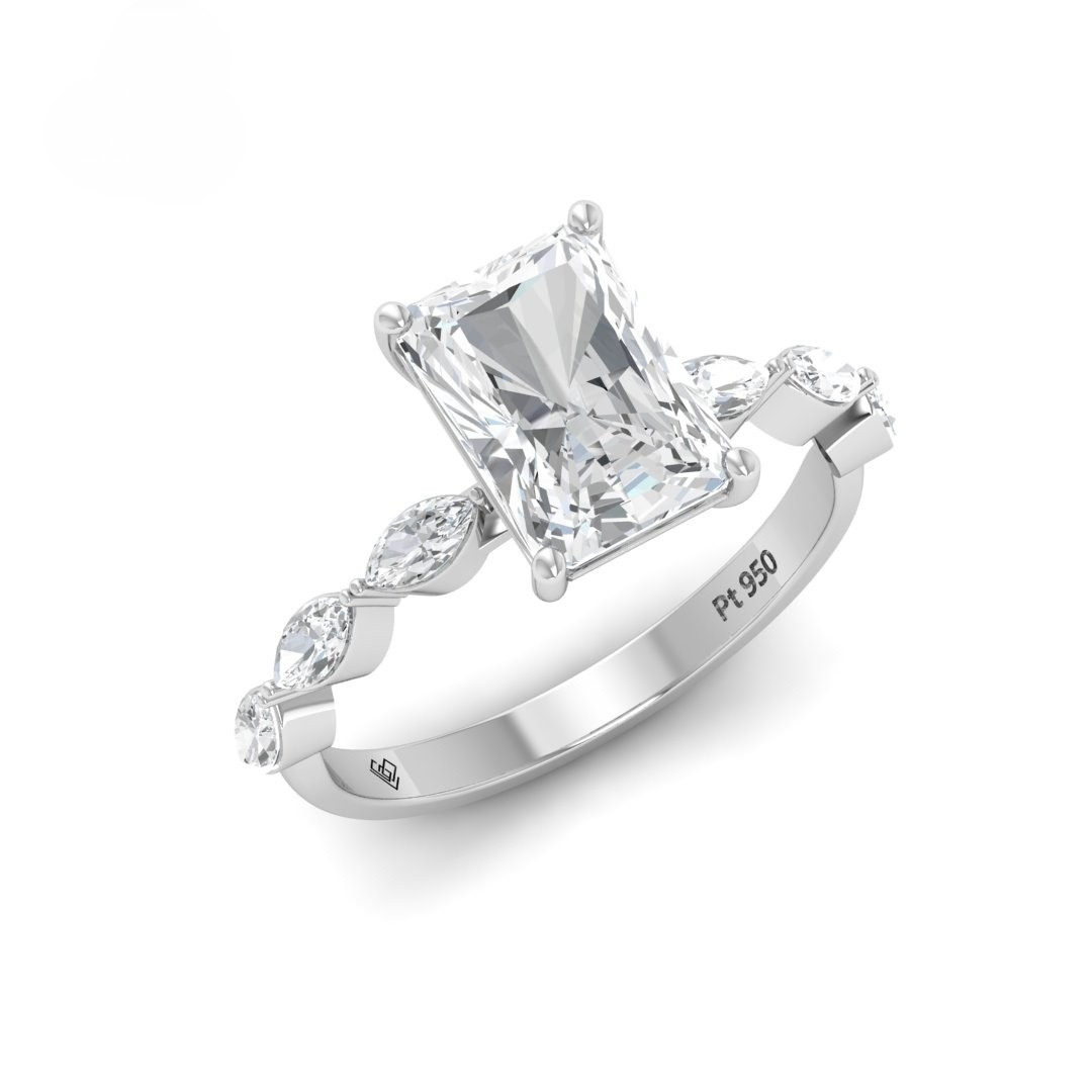 Kasandra Radiant Cut Diamond Engagement Ring With A Marquise Cut Diamond Band