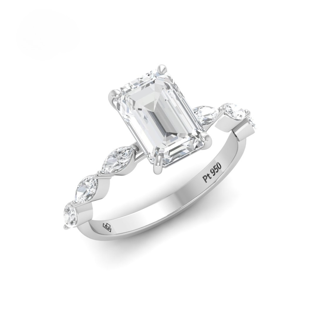 Kasandra Emerald Cut Diamond Engagement RIng With A Marquise Cut Diamonds Band