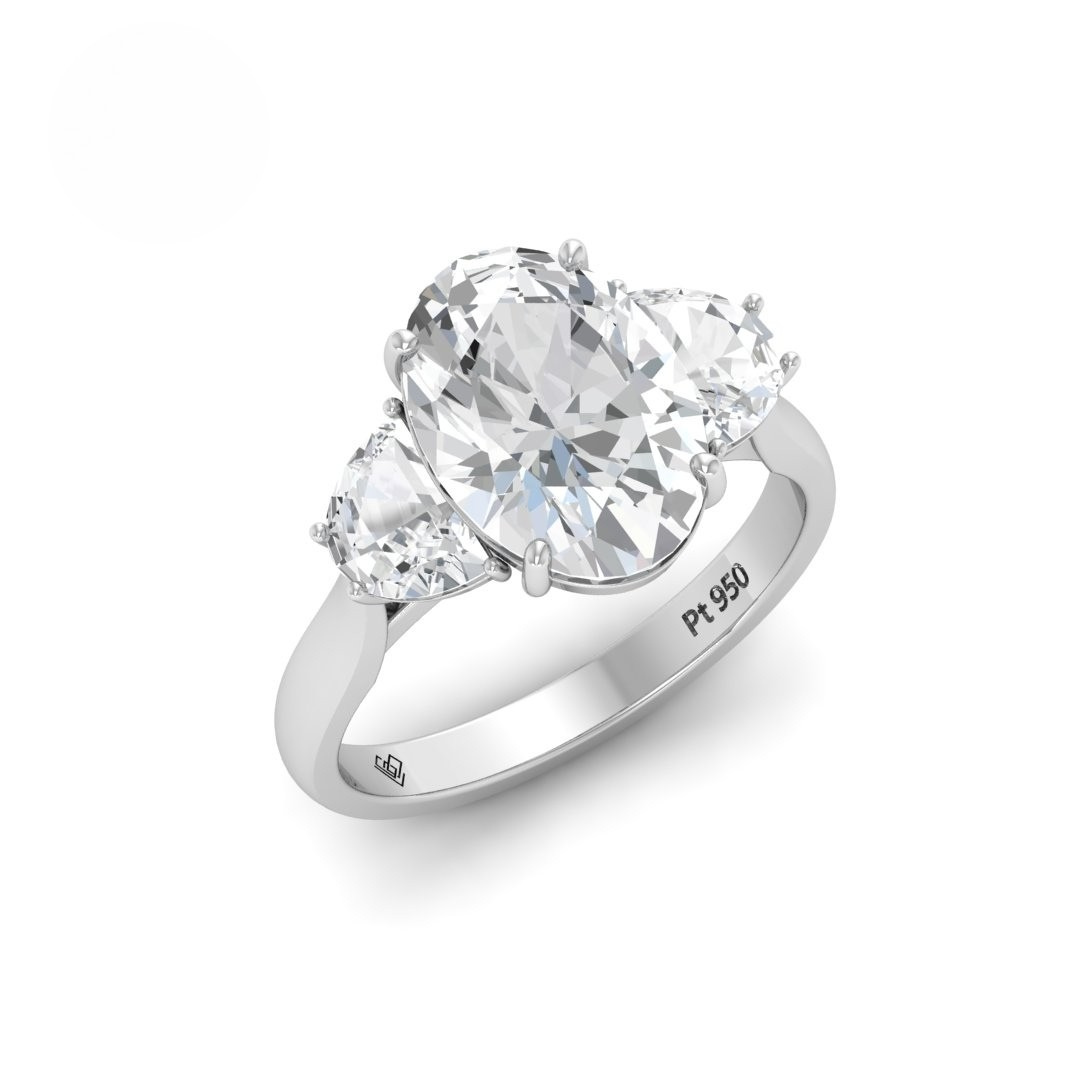 Bague de fiançailles Kamala avec diamant ovale et diamants latéraux taille demi-lune