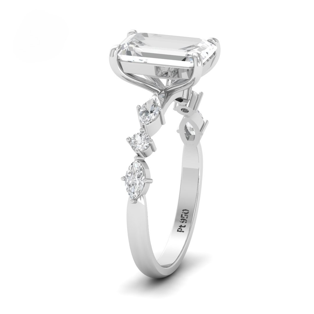 Elizabeth Emerald Cut Diamond Engagement Ring With A Marquise and Round Cut Diamond Band