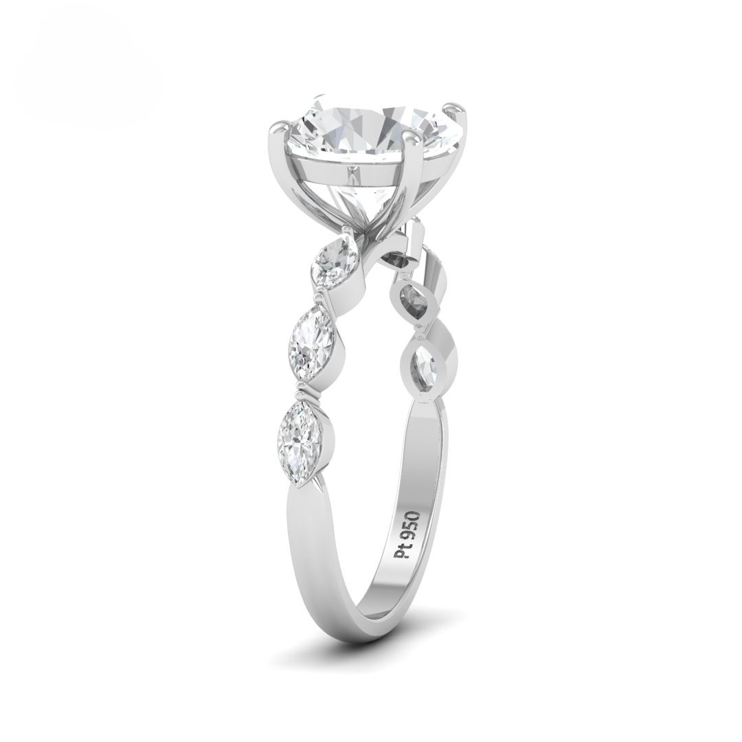 Kasandra Round Brilliant Cut Diamond Engagement Ring With A Marquise Cut Diamond Band