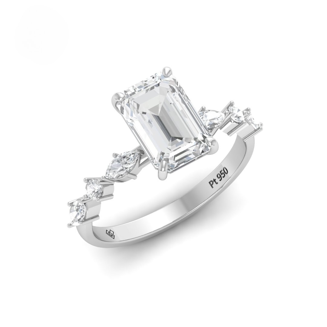 Elizabeth Emerald Cut Diamond Engagement Ring With A Marquise and Round Cut Diamond Band
