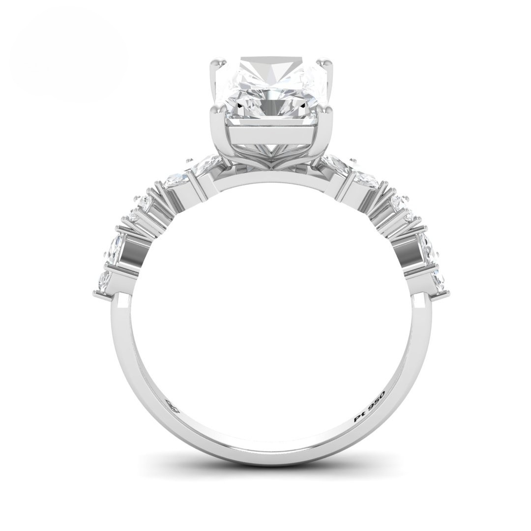 Elizabeth Radiant Cut Diamond Engagement Ring With A Marquise And Round Cut Diamond Band