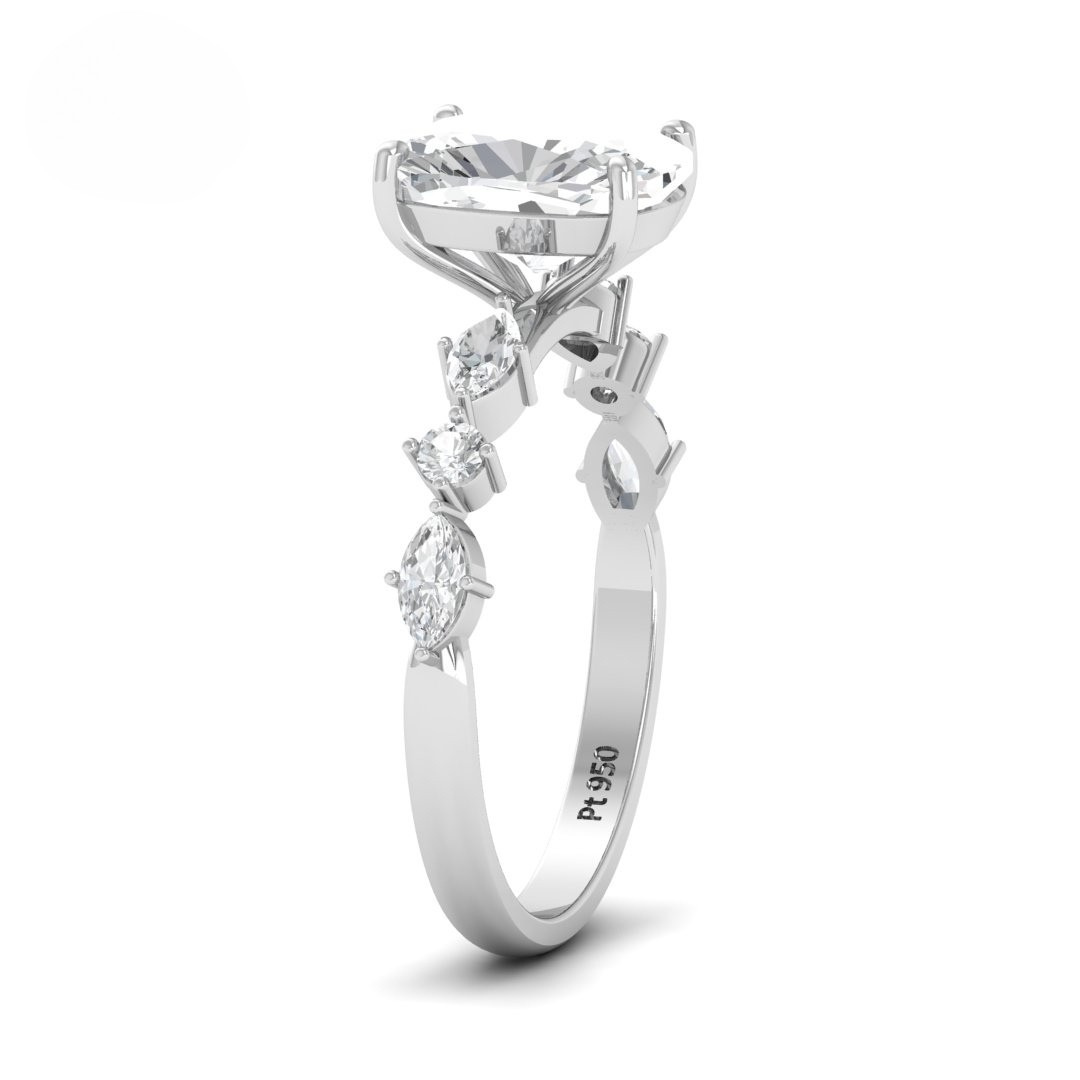 Elizabeth Cushion Diamond Engagement Ring With A Marquise and Round Cut Diamond Band