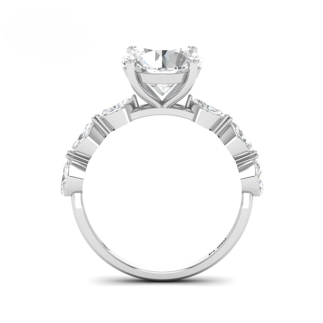 Kasandra Round Brilliant Cut Diamond Engagement Ring With A Marquise Cut Diamond Band