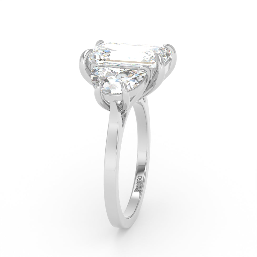Kamala Emerald Cut Diamond Engagement Ring with Half Moon Cut Sides Diamonds