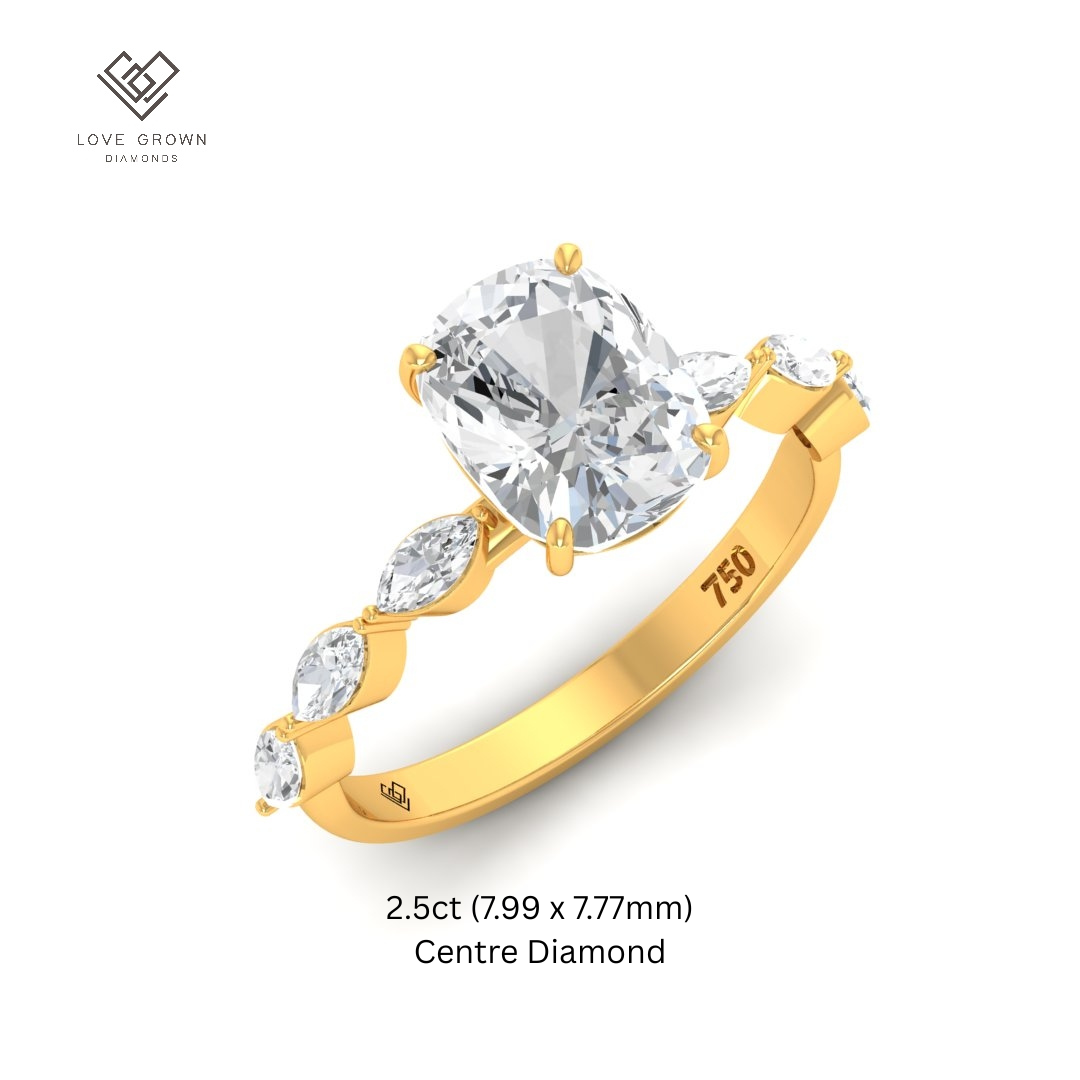 Kasandra Cushion Cut Diamond Engagement Ring With A Marquise Cut Diamond Band