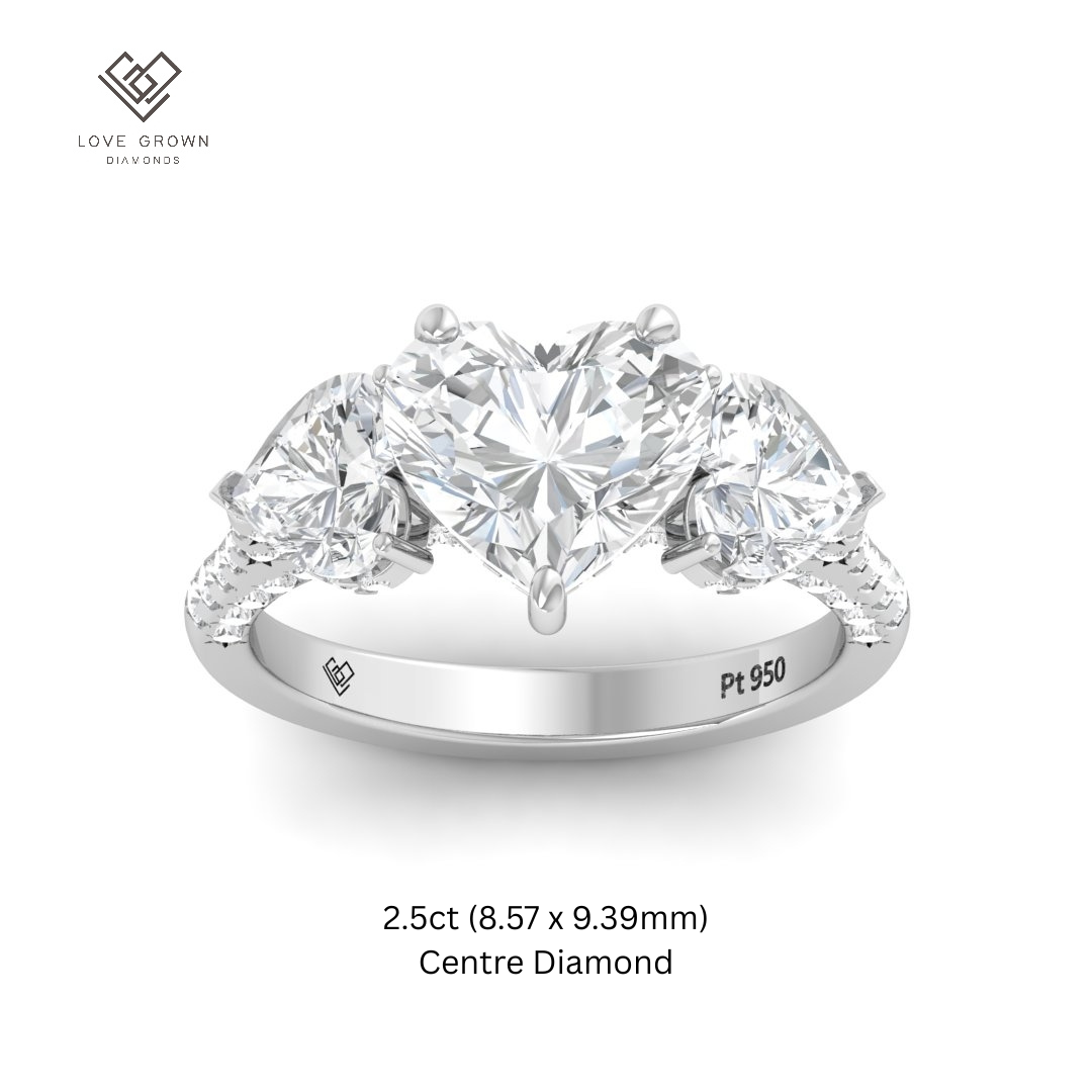 Victoria Heart Cut Diamond Engagement Ring with Heart Cut Side Diamonds and 3D Diamond Band