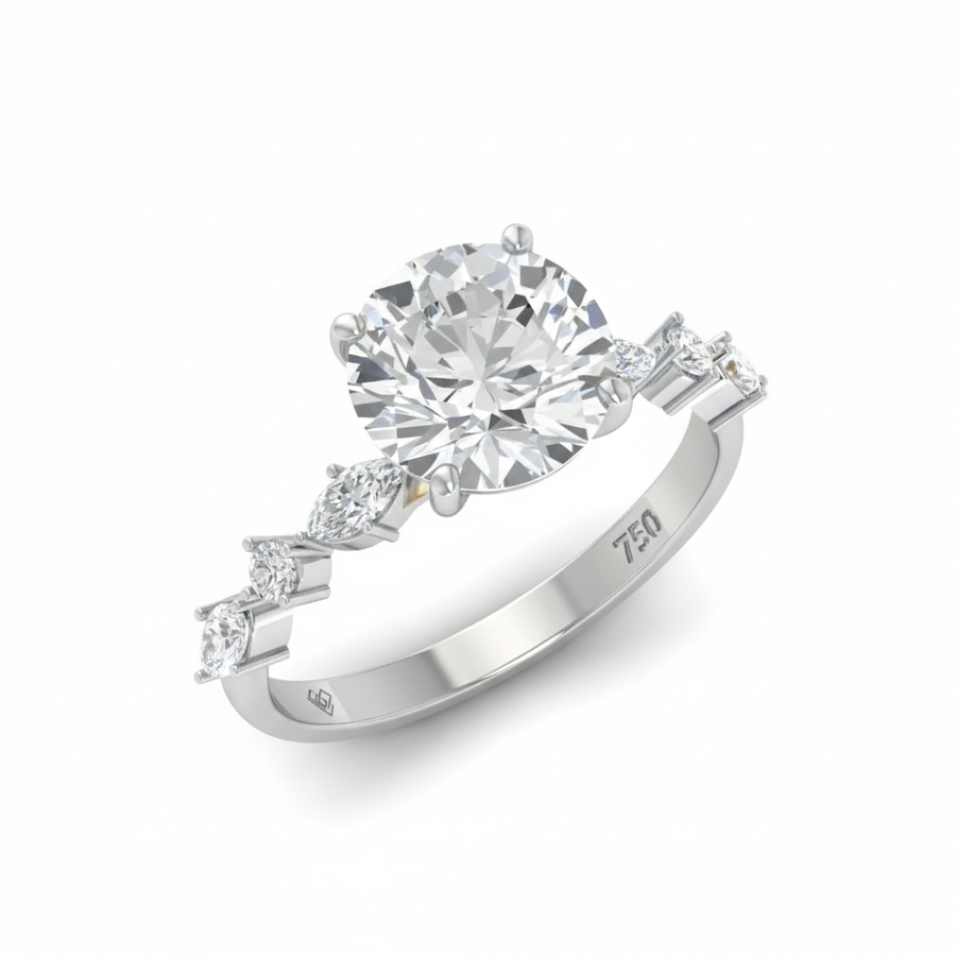 Elizabeth Round Brilliant Cut Diamond Engagement Ring With A Marquise And Round Cut Diamond Band