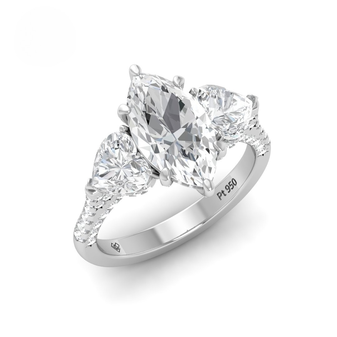 Victoria Marquise Cut Diamond Engagement Ring with Heart Cut Side Diamonds and 3D Diamond Band