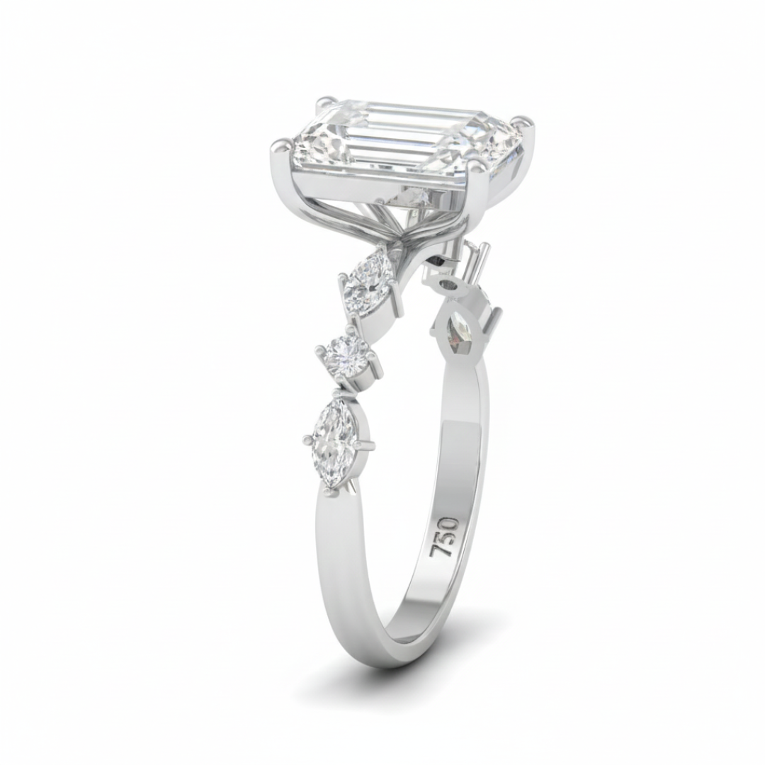 Elizabeth Radiant Cut Diamond Engagement Ring With A Marquise And Round Cut Diamond Band