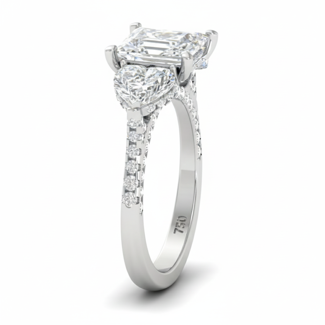 Bague de fiançailles Victoria en diamant taille princesse avec diamants latéraux taille cœur et anneau en diamant 3D
