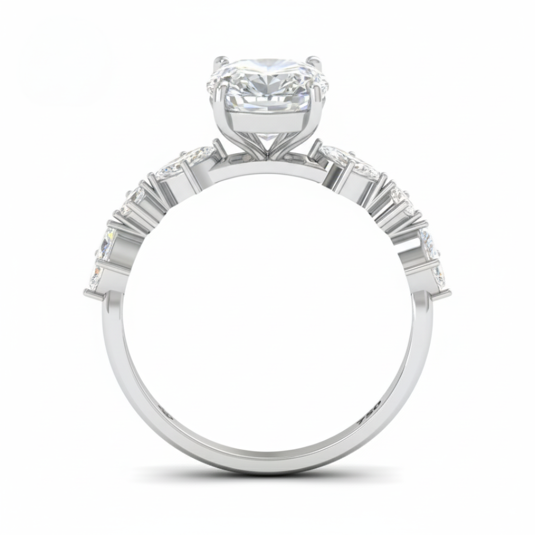 Elizabeth Cushion Diamond Engagement Ring With A Marquise and Round Cut Diamond Band