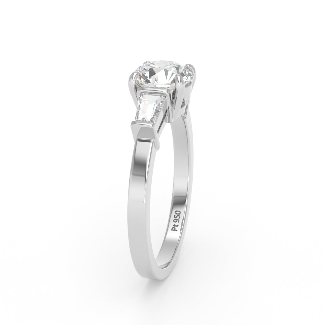 Mary Round Brilliant Cut Diamond Engagement Ring With Tapering Baguette Cut Side Diamond