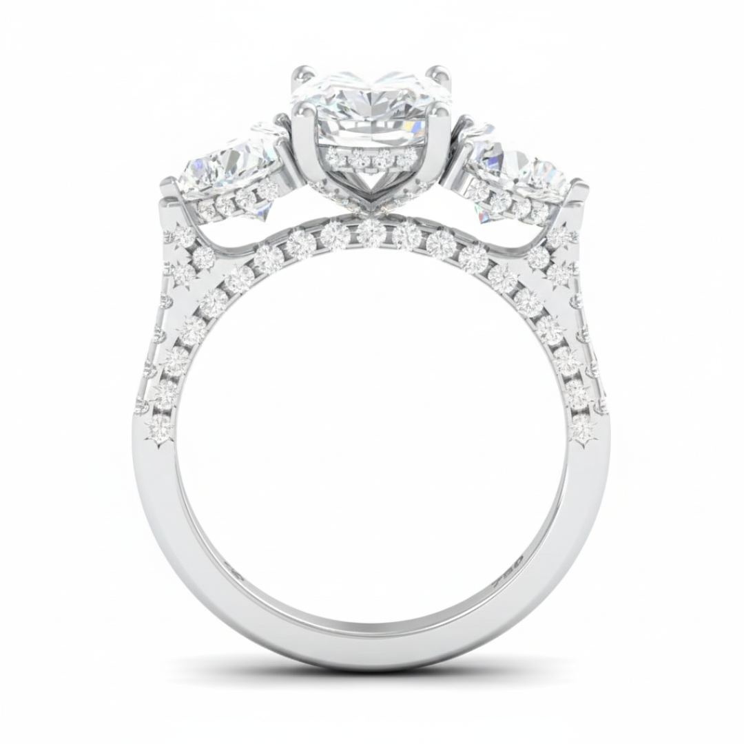 Victoria Cushion Cut Diamond Engagement Ring with Heart Cut Side Diamonds and 3D Diamond Band