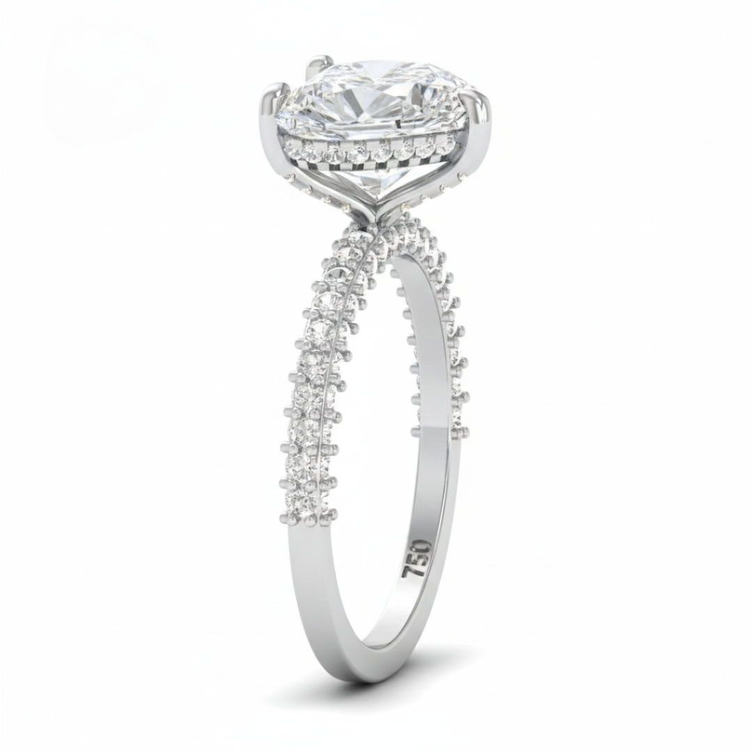 Bague de fiançailles Mia en diamant taille cœur avec halo de diamants cachés et anneau en diamant 3D