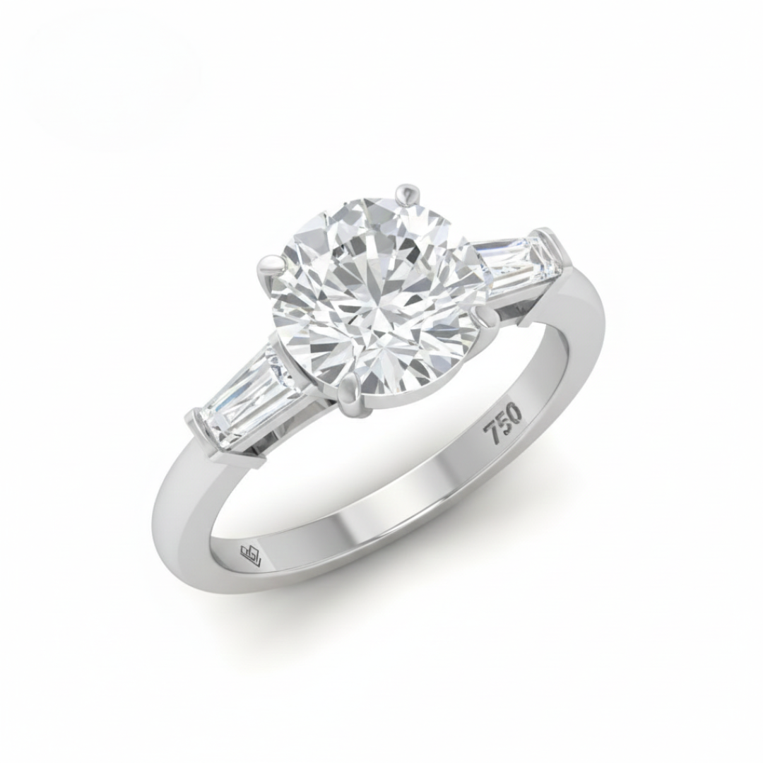 Mary Round Brilliant Cut Diamond Engagement Ring With Tapering Baguette Cut Side Diamond