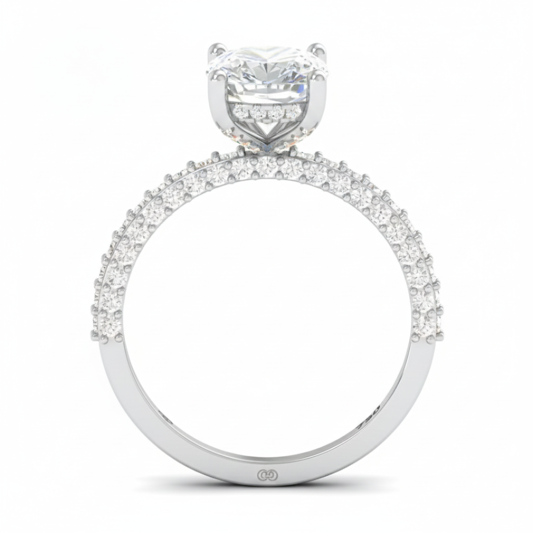 Mia Cushion Cut Diamond Engagement Ring with Diamond Hidden Halo and 3D Diamond Band