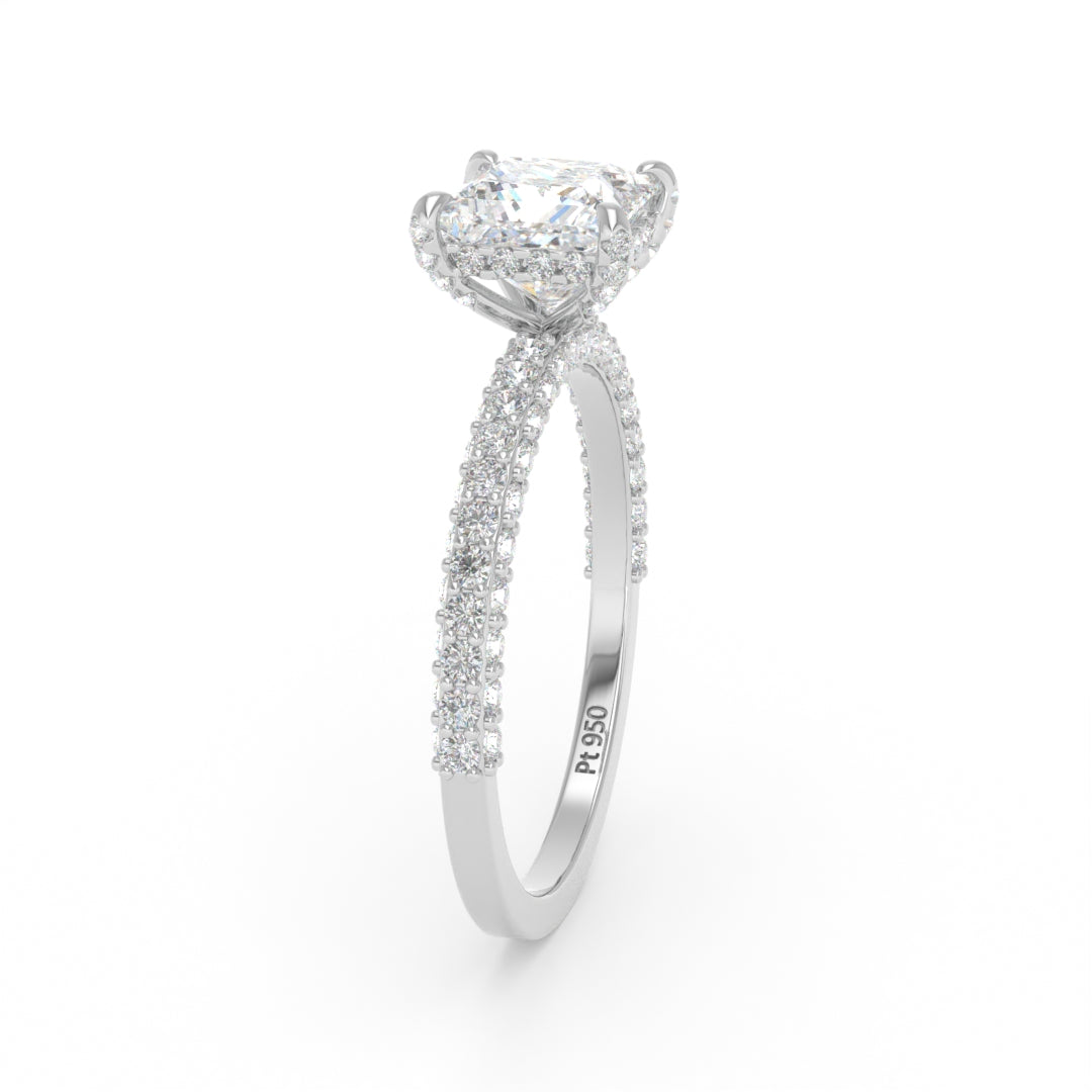 Bague de fiançailles Mia en diamant taille princesse avec halo de diamants cachés et anneau en diamant 3D