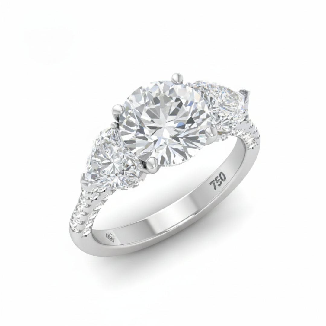 Victoria Round Brilliant Cut Diamond Engagement Ring with Heart Cut Side Diamonds and 3D Diamond Band