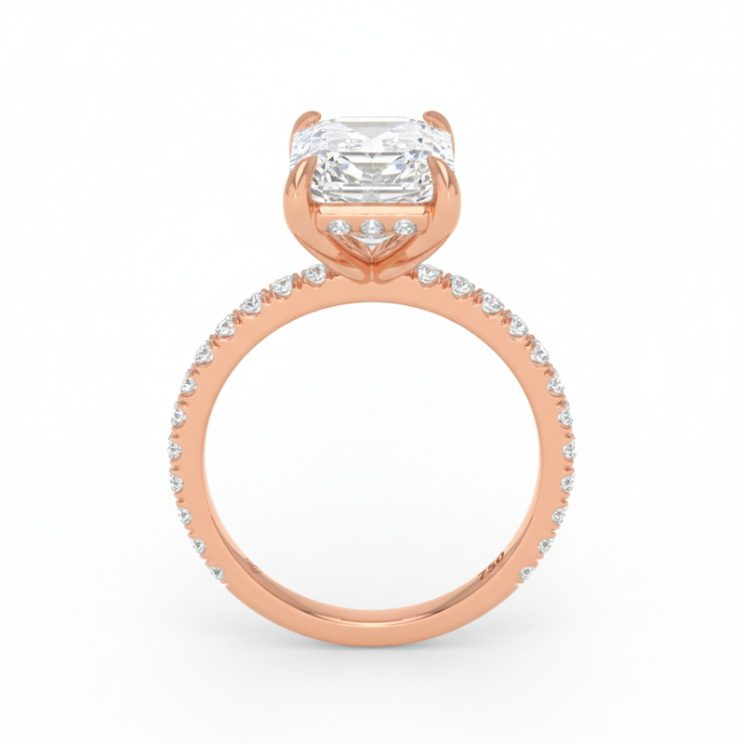 Chloé Emerald Cut Diamond Engagement Ring with Diamond Hidden Halo and Diamond Band