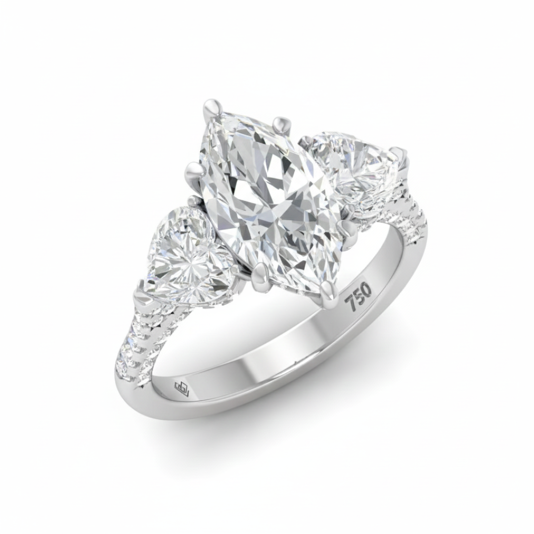 Victoria Marquise Cut Diamond Engagement Ring with Heart Cut Side Diamonds and 3D Diamond Band