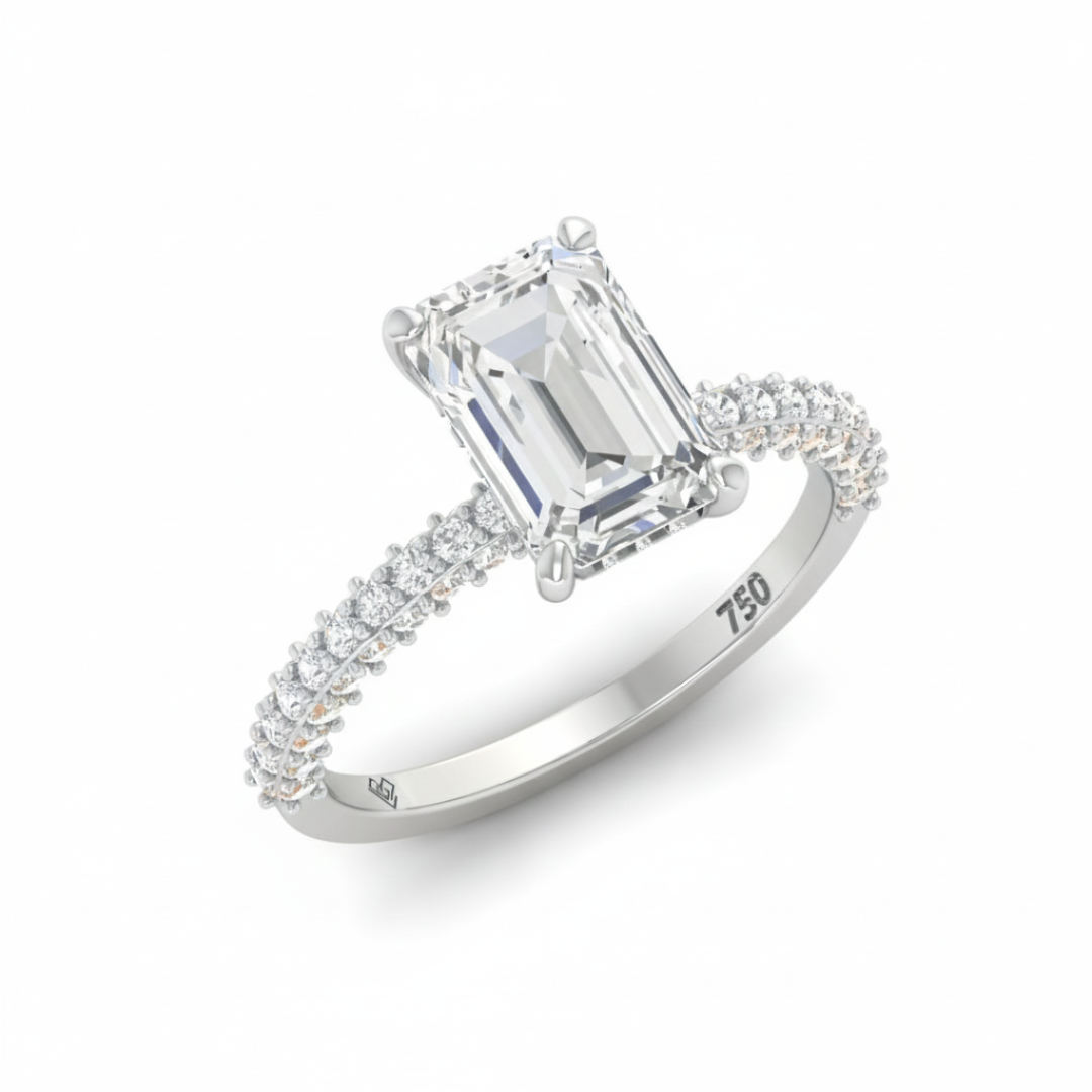 Mia Emerald Cut Diamond Engagement Ring with Diamond Hidden Halo and 3D Diamond Band