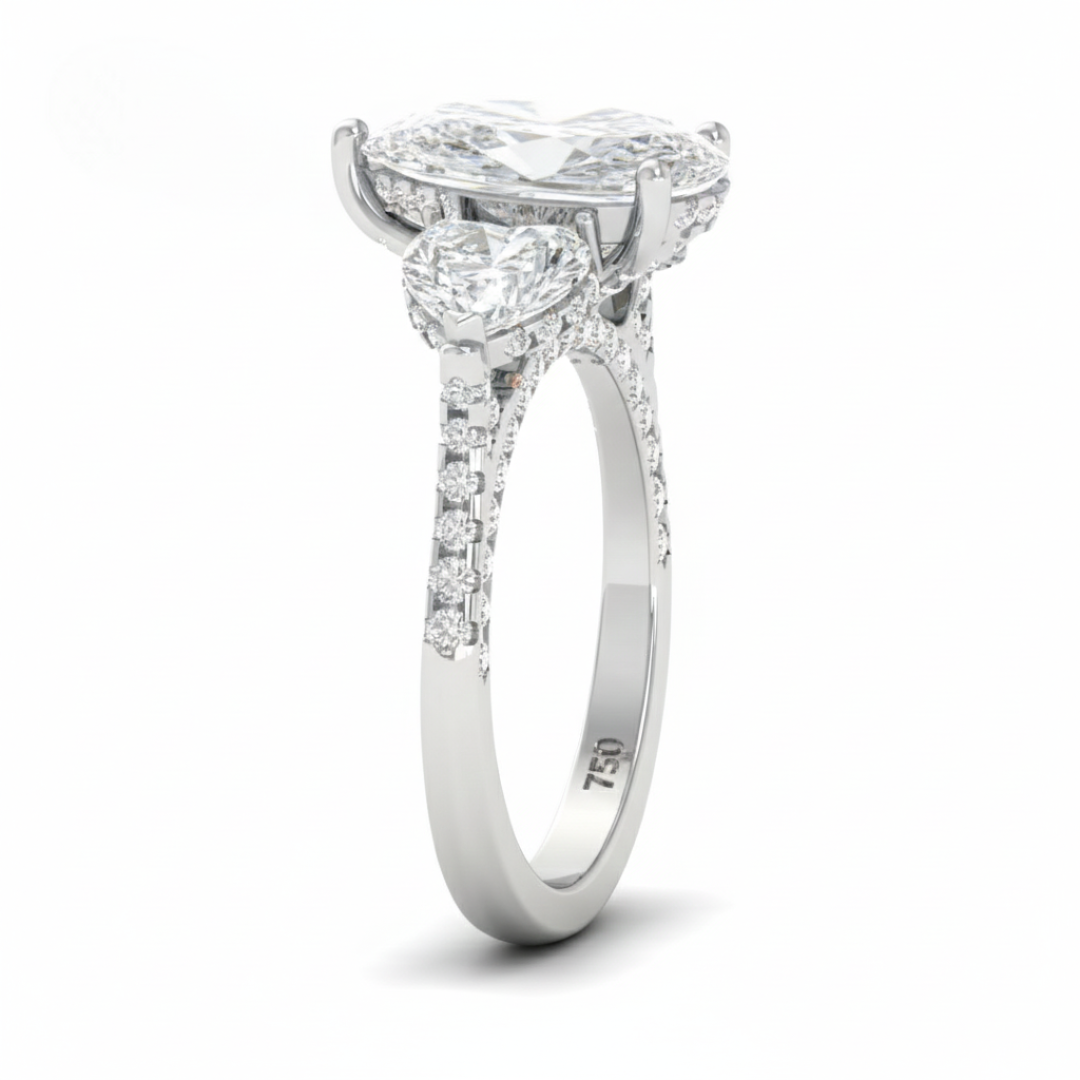 Victoria Pear Cut Diamond Engagement Ring with Heart Cut Side Diamonds and 3D Diamond Band