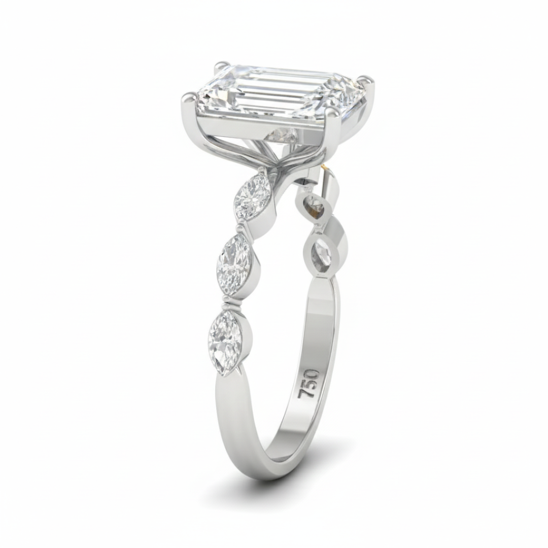 Kasandra Radiant Cut Diamond Engagement Ring With A Marquise Cut Diamond Band