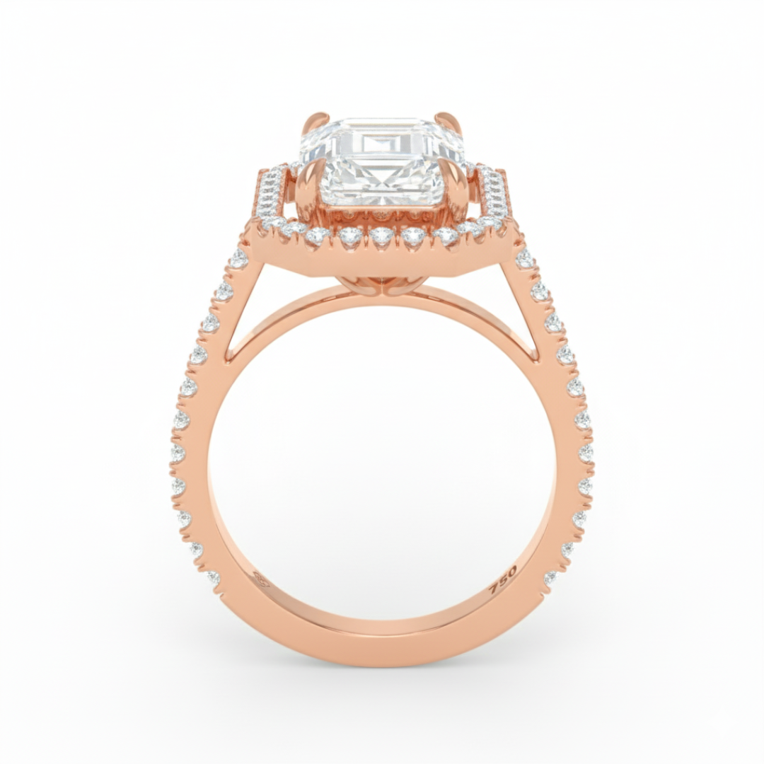 Bella Emerald Cut Diamond Engagement Ring with Diamond Halo & Diamond Band