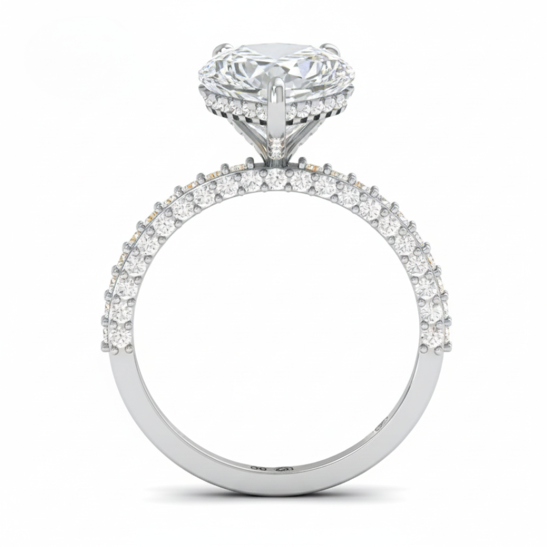Bague de fiançailles Mia en diamant taille cœur avec halo de diamants cachés et anneau en diamant 3D