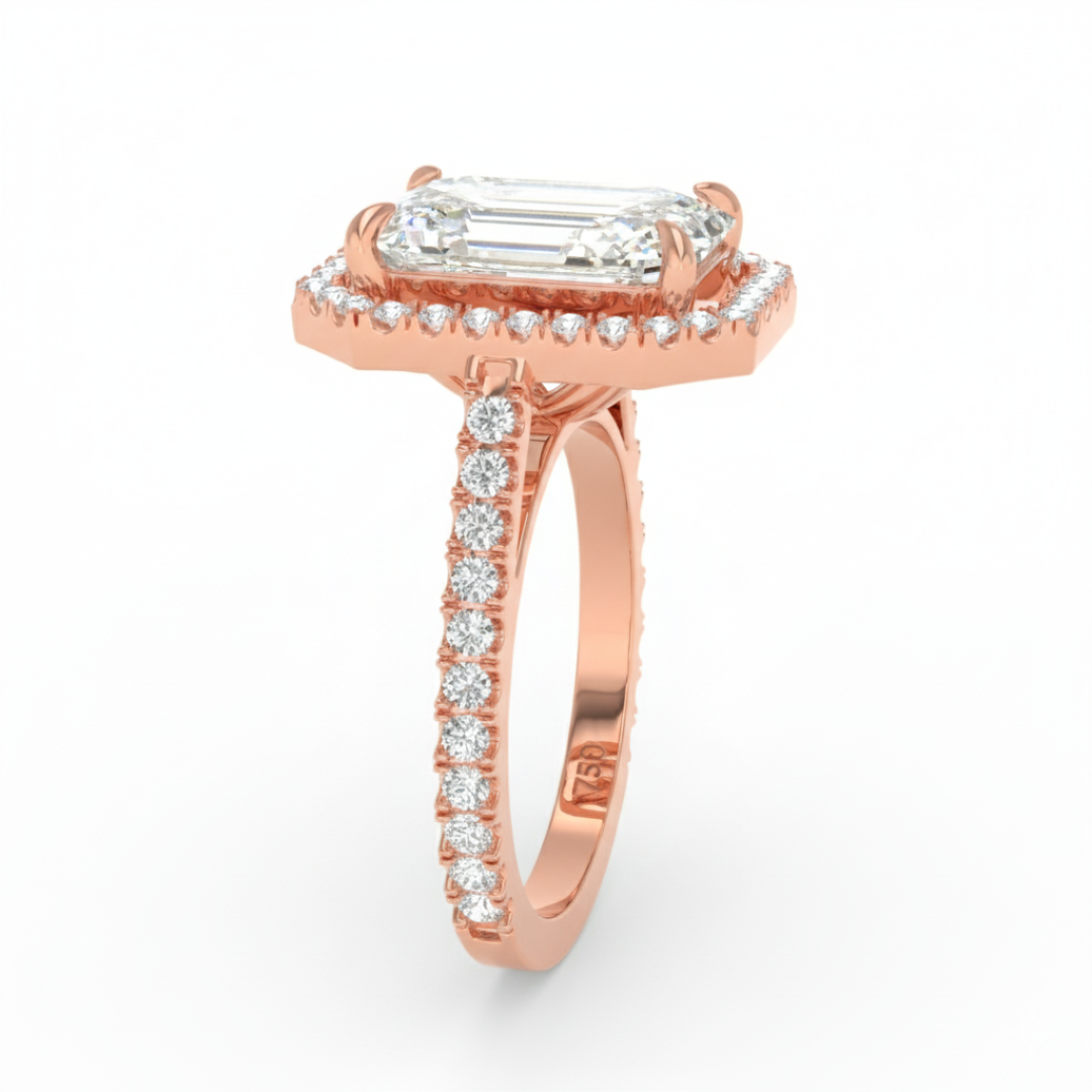 Bella Emerald Cut Diamond Engagement Ring with Diamond Halo & Diamond Band