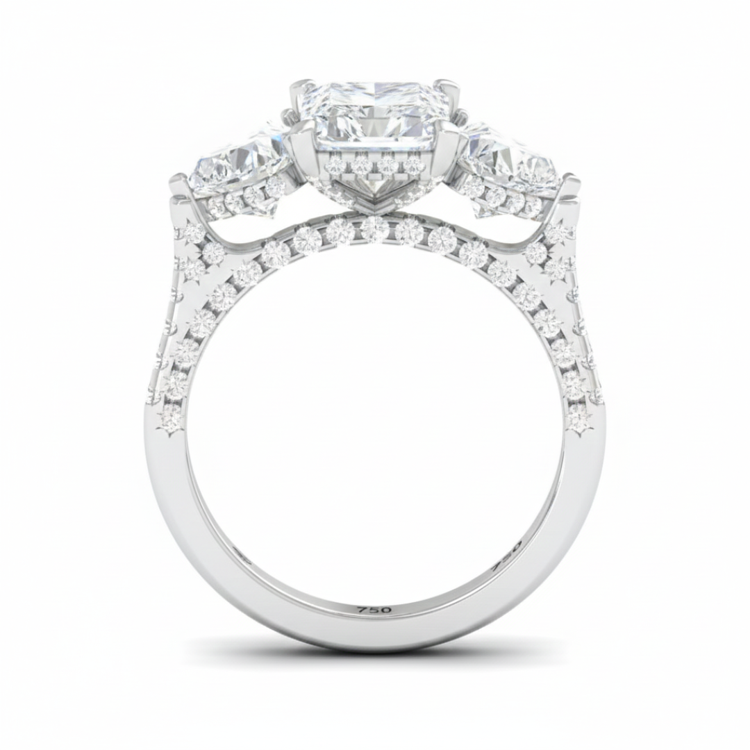 Victoria Radiant Cut Diamond Engagement Ring with Heart Cut Side Diamonds and 3D Diamond Band