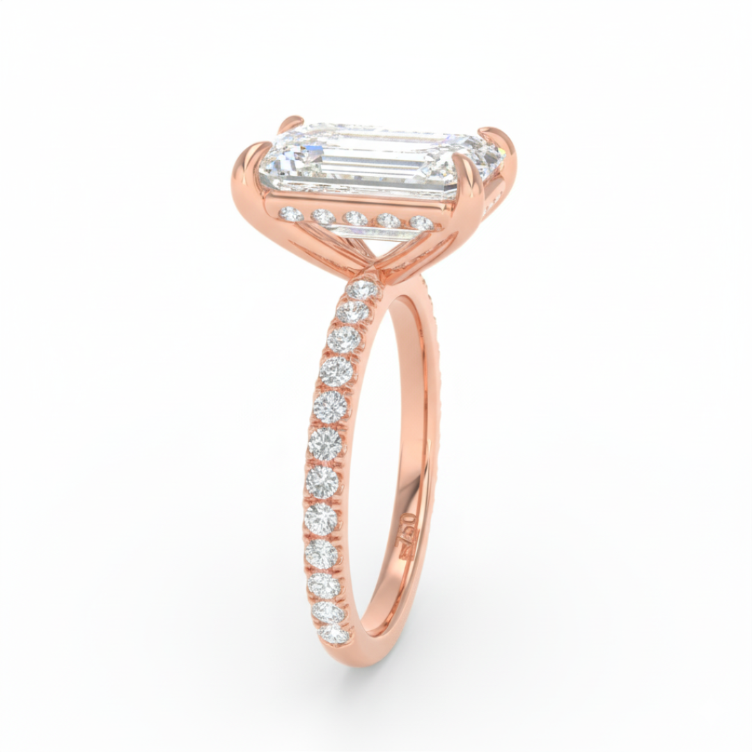Chloé Emerald Cut Diamond Engagement Ring with Diamond Hidden Halo and Diamond Band