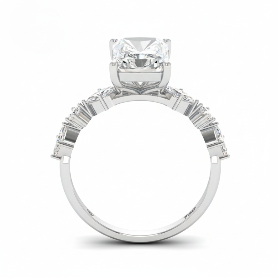 Elizabeth Radiant Cut Diamond Engagement Ring With A Marquise And Round Cut Diamond Band