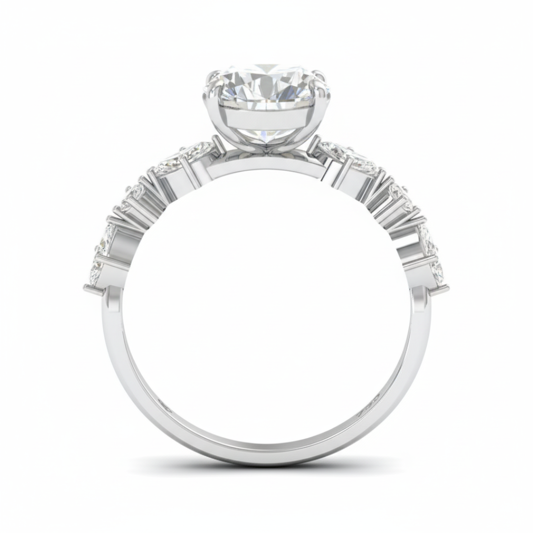 Elizabeth Pear Cut Diamond Engagement Ring With A Marquise And Round Cut Diamond Band