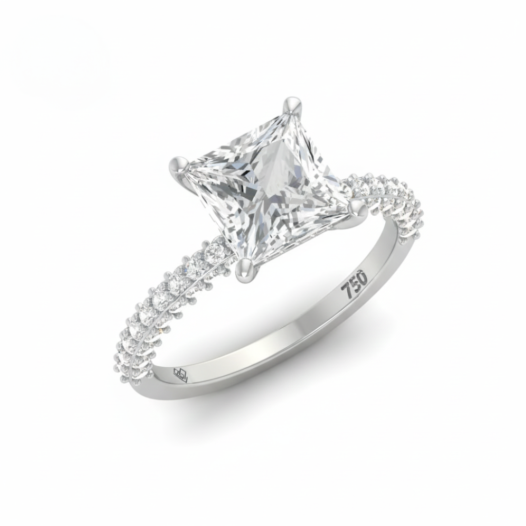 Bague de fiançailles Mia en diamant taille princesse avec halo de diamants cachés et anneau en diamant 3D