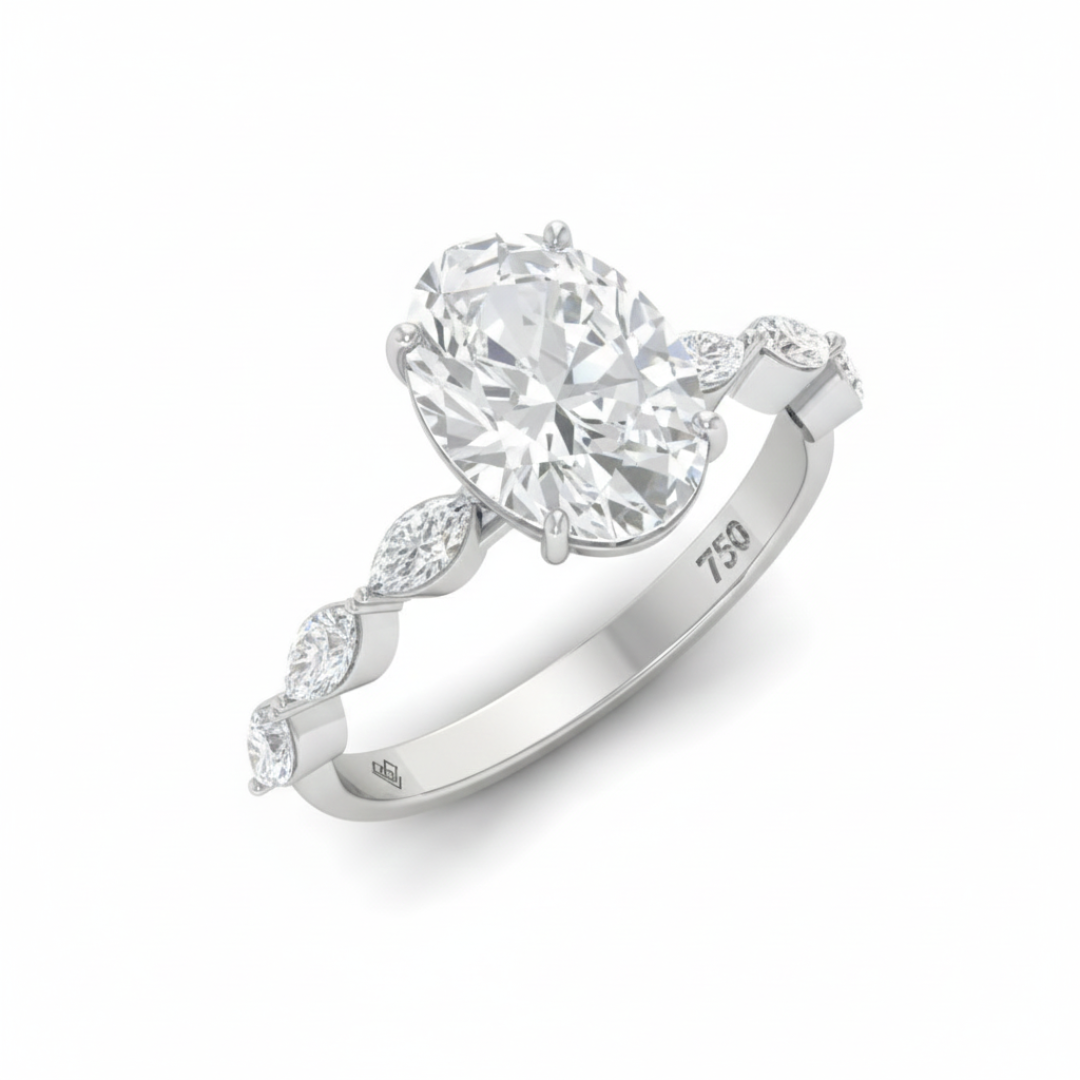 Kasandra Oval Cut Diamond Engagement Ring With A Marquise Cut Diamond Band