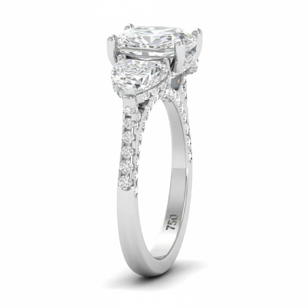 Victoria Cushion Cut Diamond Engagement Ring with Heart Cut Side Diamonds and 3D Diamond Band