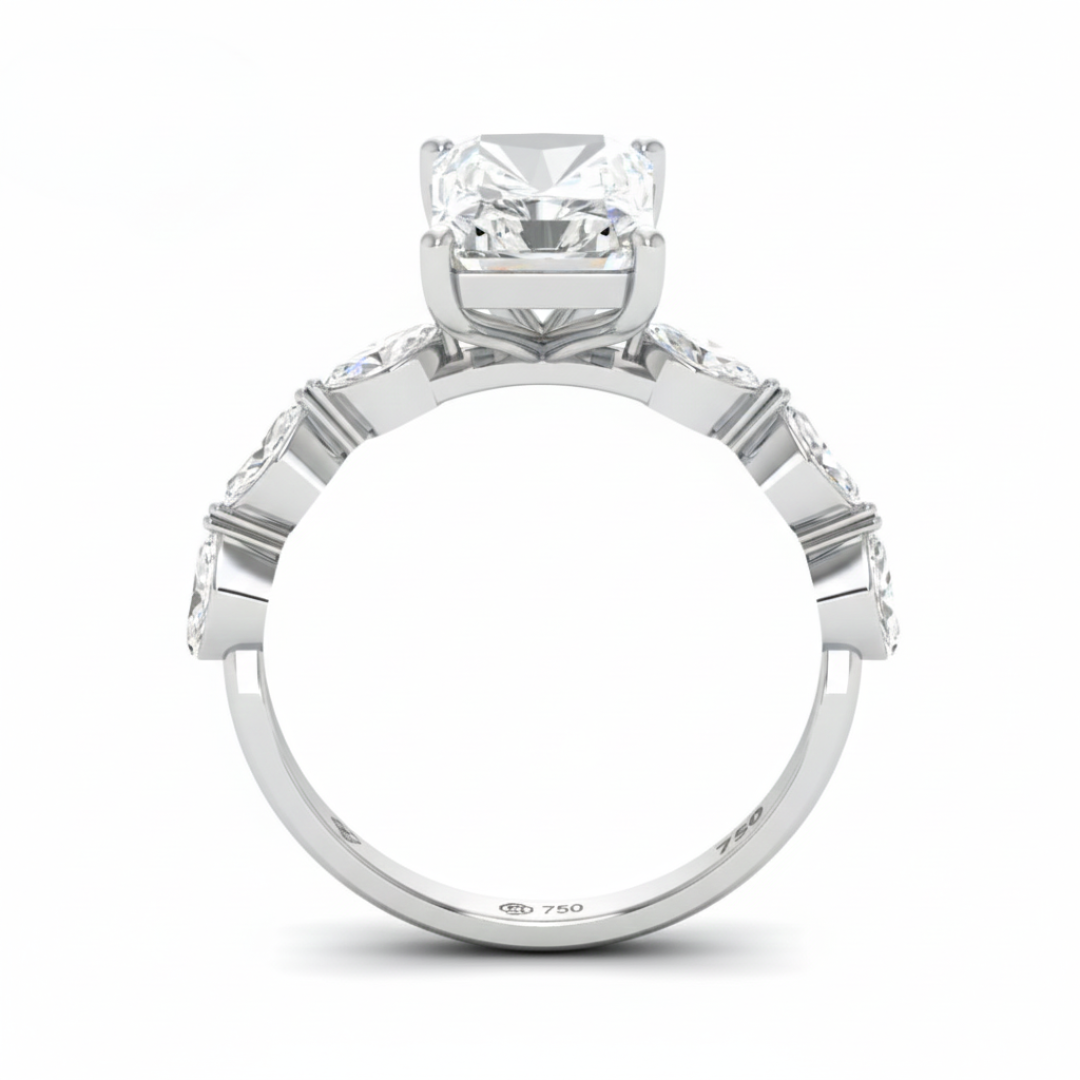 Kasandra Radiant Cut Diamond Engagement Ring With A Marquise Cut Diamond Band