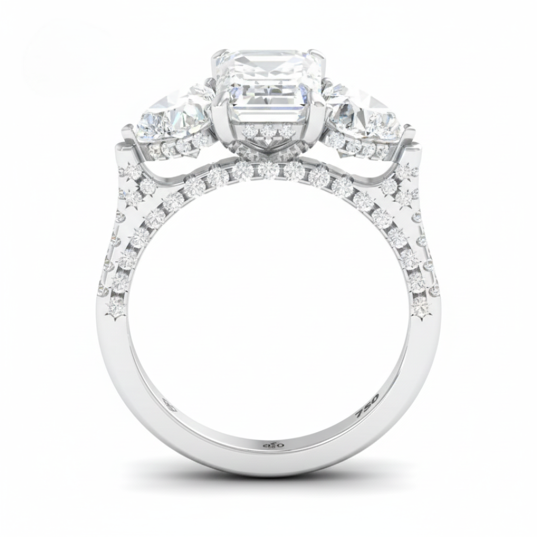 Victoria Emerald Cut Diamond Engagement Ring with Heart Cut Side Diamonds and 3D Diamond Band