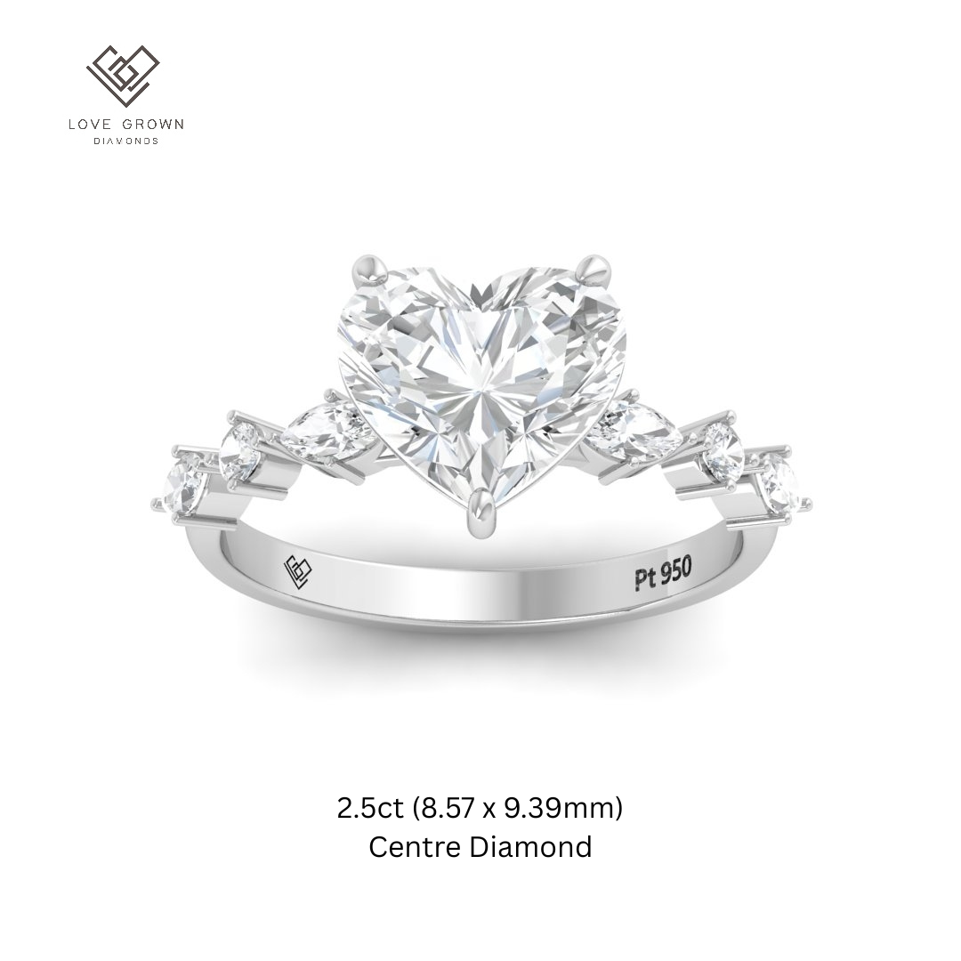 Elizabeth Heart Cut Diamond Engagement Ring With A Marquise and Round Cut Diamond Band