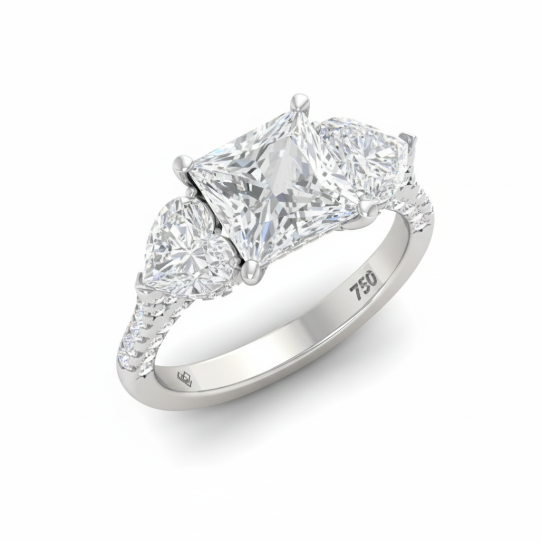 Victoria Princess Cut Diamond Engagement Ring with Heart Cut Side Diamonds and 3D Diamond Band