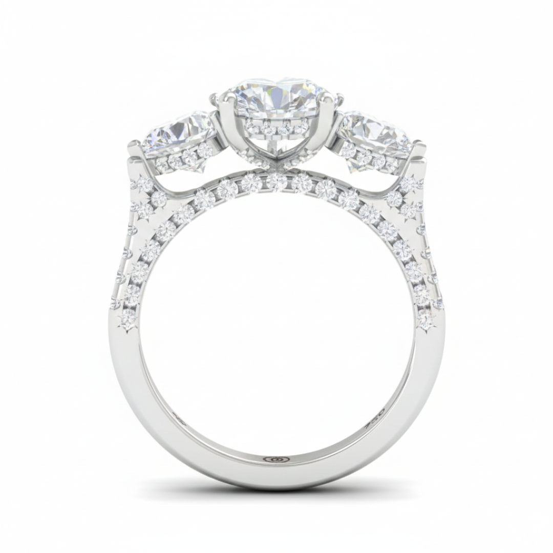 Victoria Pear Cut Diamond Engagement Ring with Heart Cut Side Diamonds and 3D Diamond Band